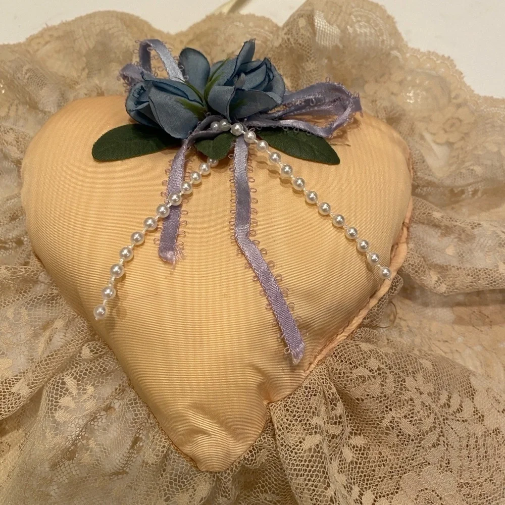 Heart Pillow Peach Shabby Chic Lace Ring Bearer Wedding Cottage Core Victorian
